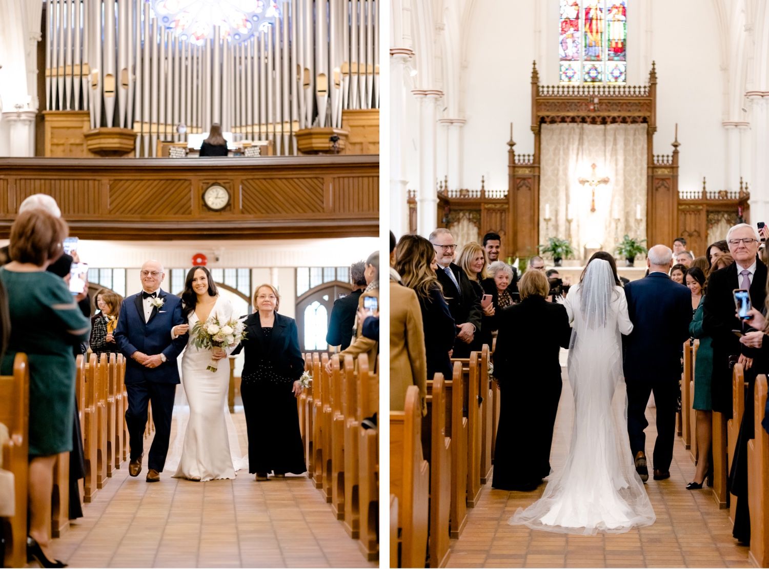 Traditional church wedding ceremony with guests seated in wooden pews beneath grand organ pipes.