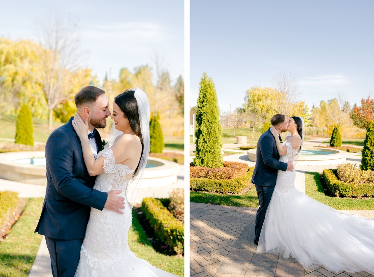 Side-by-side wedding portraits showing tender moments in landscaped garden setting.