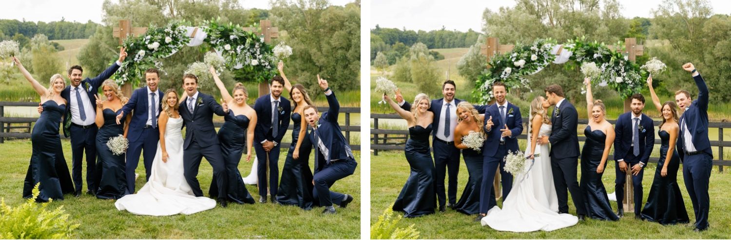 Wedding party having fun with candid poses in outdoor garden setting.