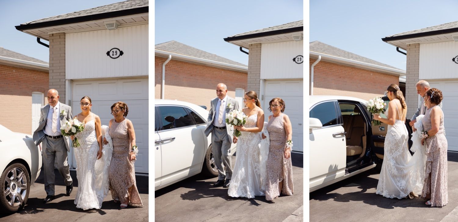 A white luxury car being used for wedding transportation shown in three sequential photos.