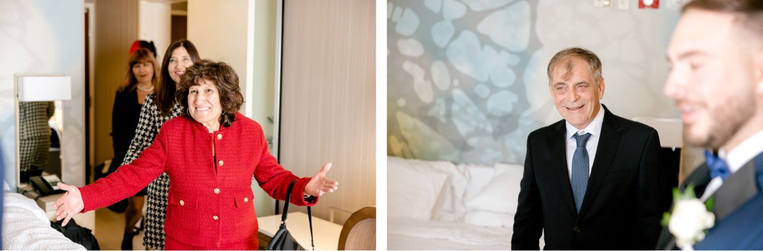Split image showing candid moments during pre-wedding preparations.