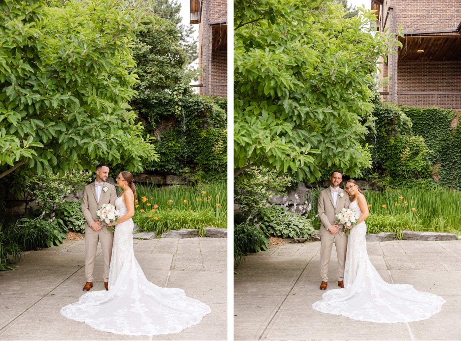 Wedding couple shares tender moment on stone path surrounded by greenery.