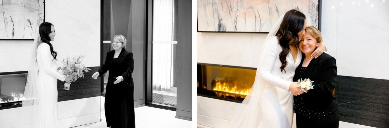 Side-by-side photos show touching moments between wedding party members in modern venue.