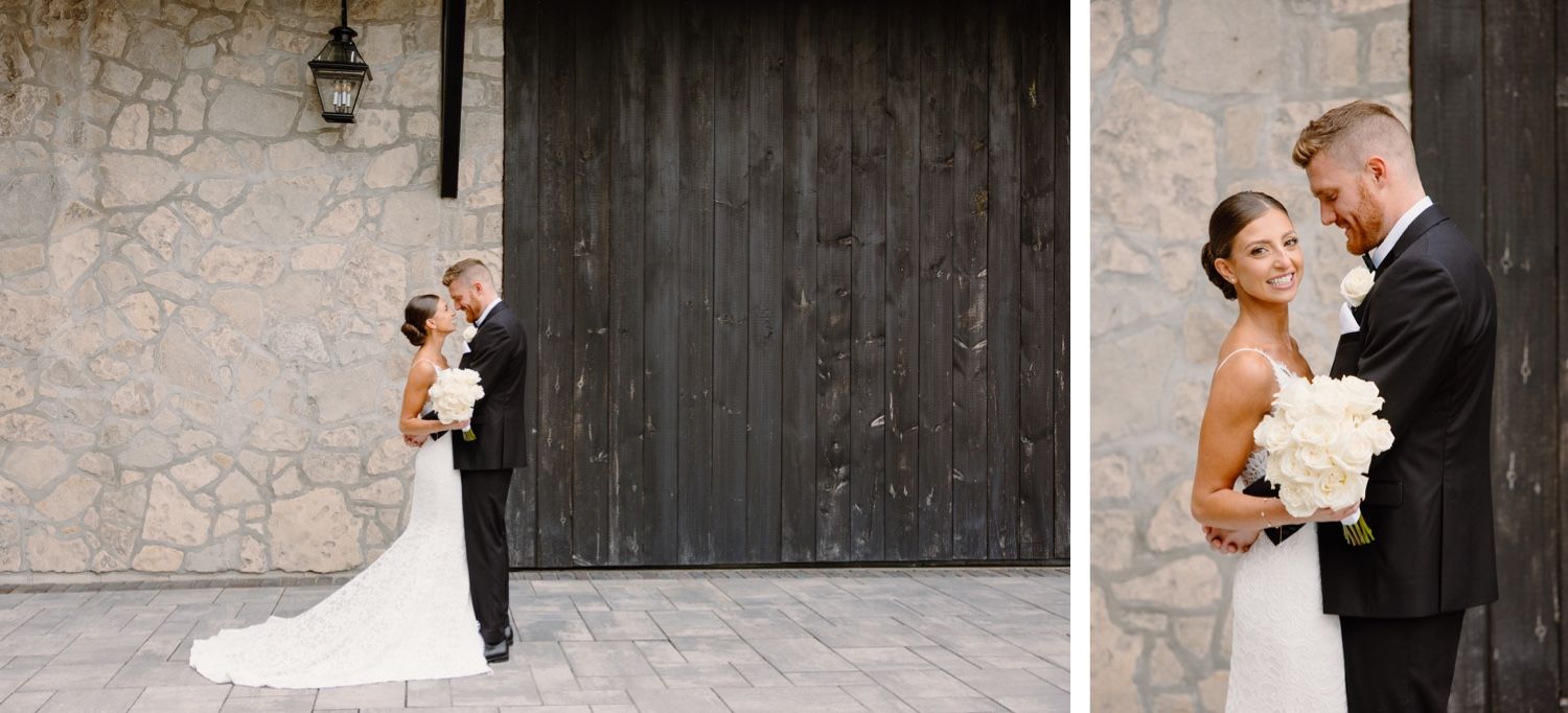 Wedding portraits against rustic stone wall and wooden door backdrop.