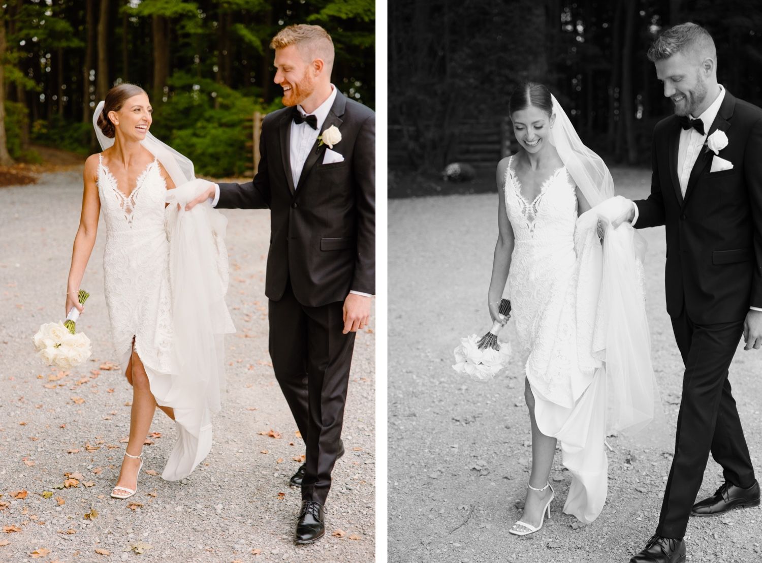 Side-by-side wedding photos in color and black and white show a couple walking on a gravel path.