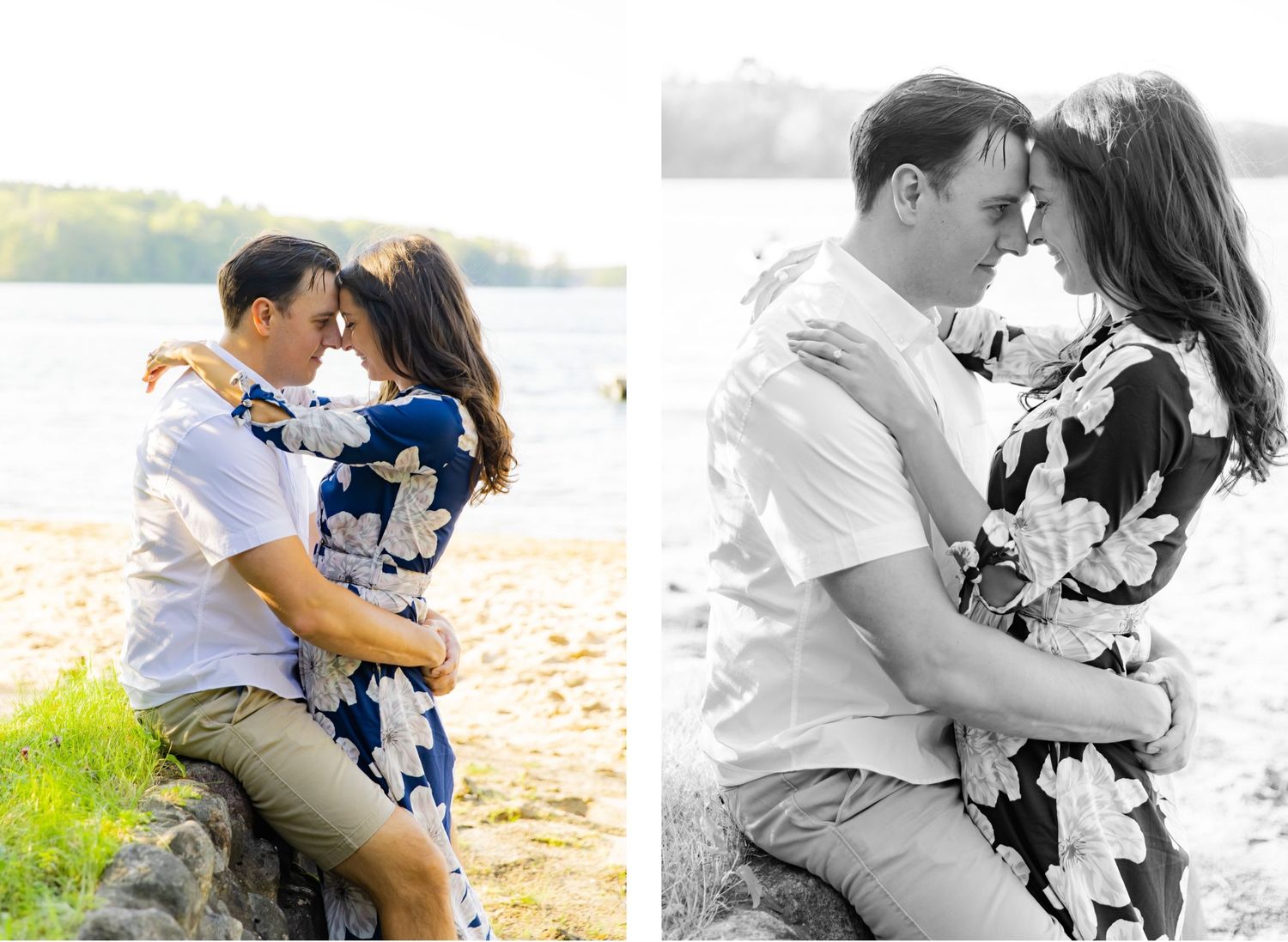 Side-by-side beach portraits in color and black-and-white of an embracing couple.