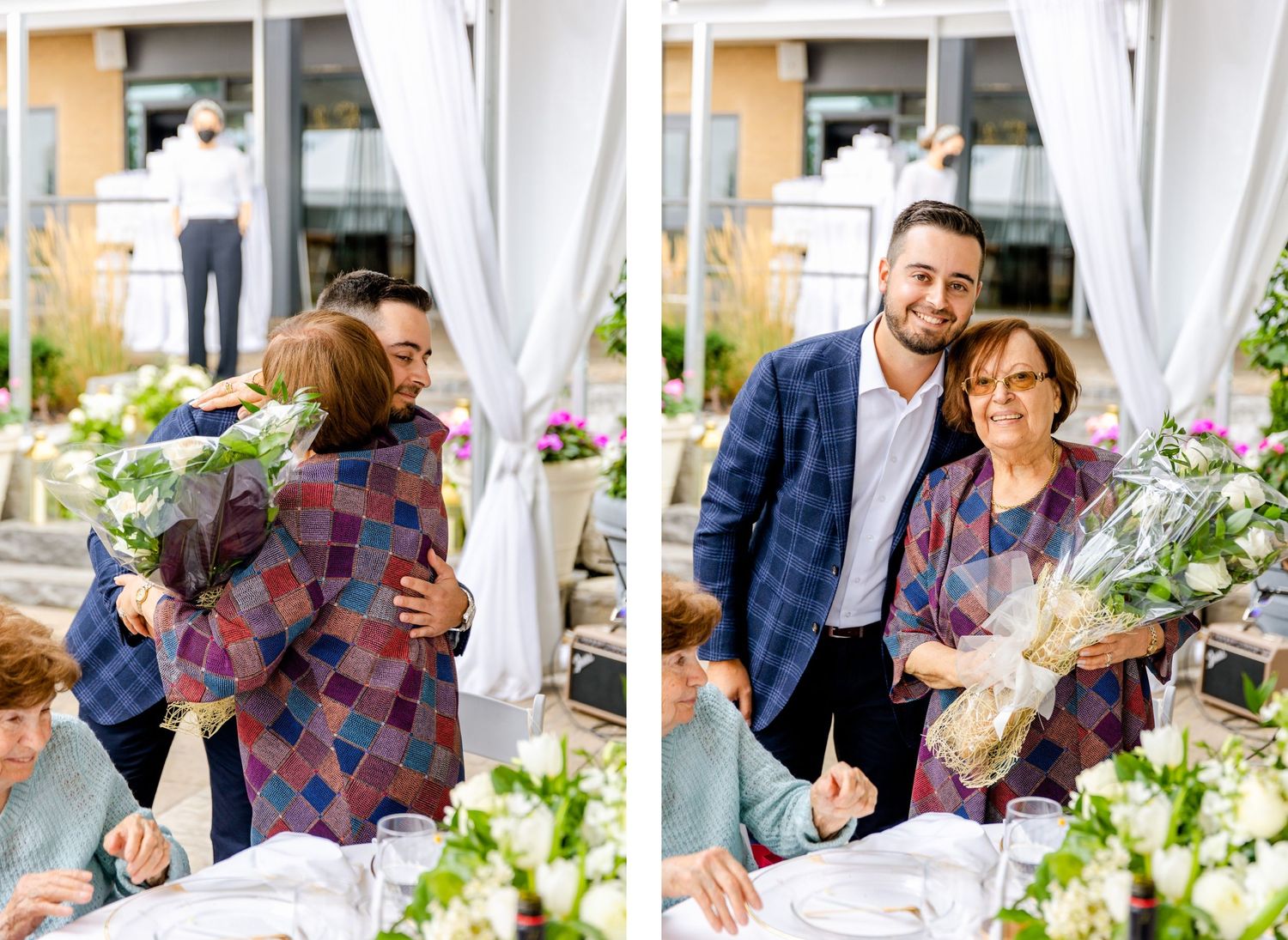 Guests sharing hugs and bouquets at an elegant outdoor event under white drapes.