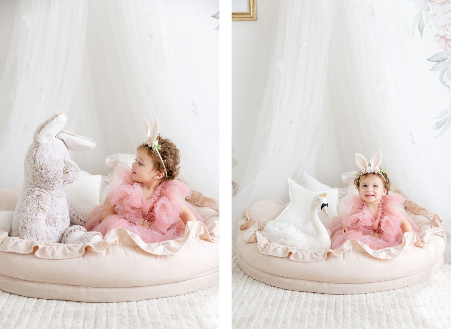 Two photos of a child in pink dress playing with a white bunny decoration on a round cushioned platform.