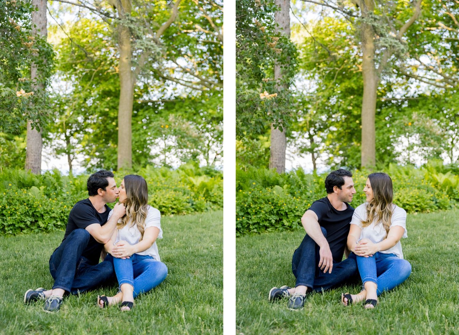 Two side-by-side photos of a couple sitting on grass in a wooded setting.
