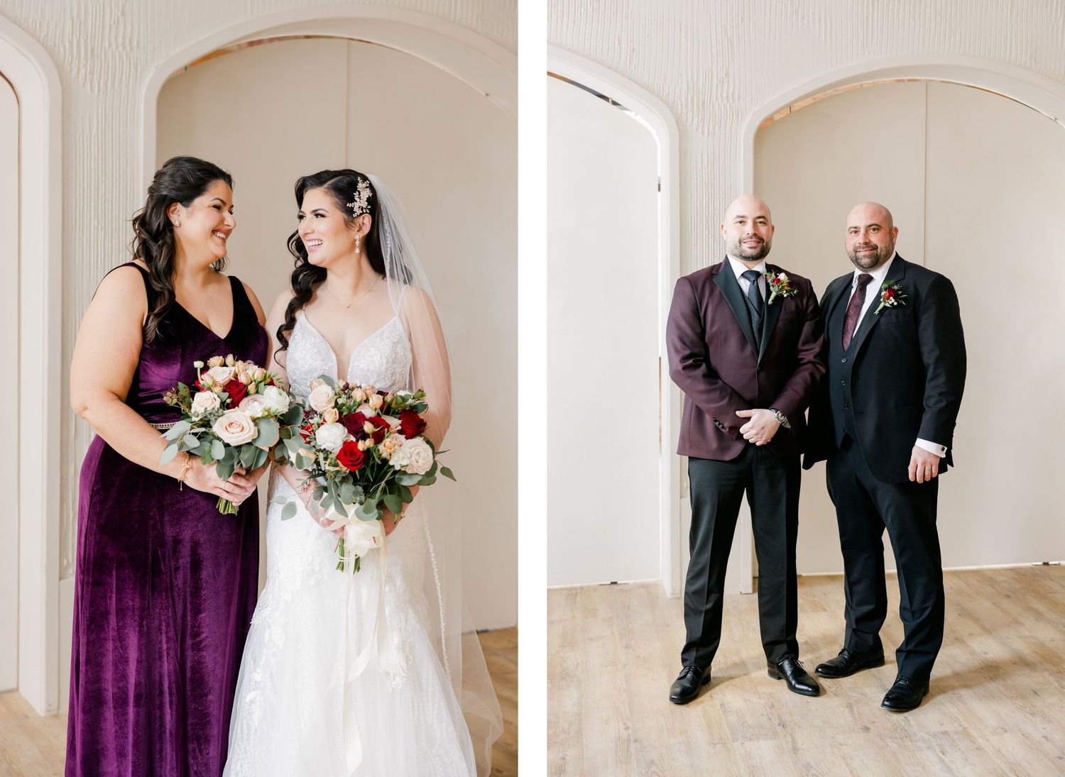 Split portrait showing bridesmaid in purple and groomsmen in suits.