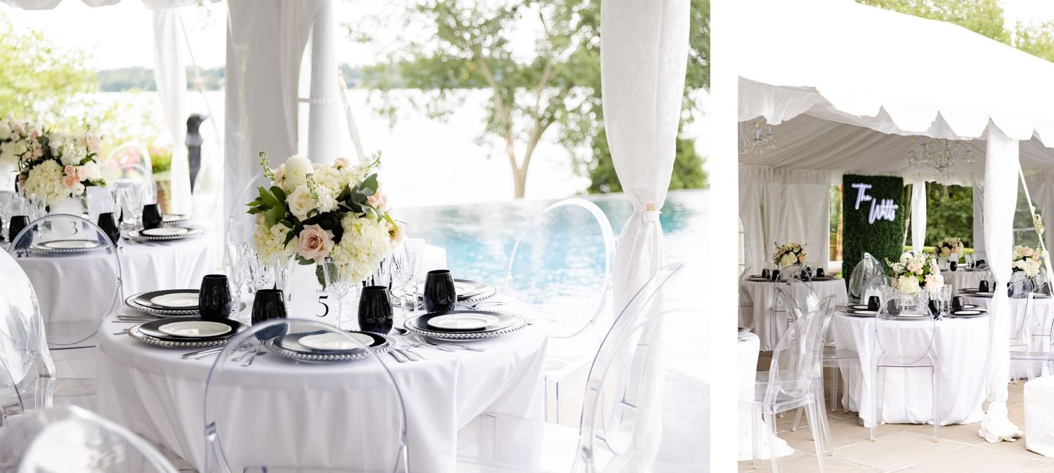 Poolside wedding reception with white tables and floral centerpieces under outdoor tent.