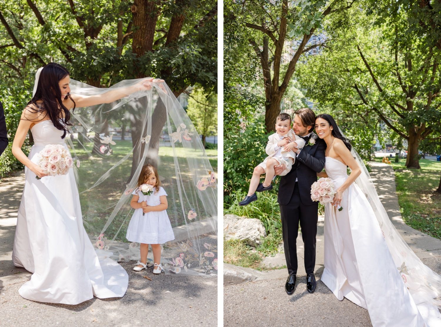 Wedding scene in a park with flowing veil and small child in matching white dresses.