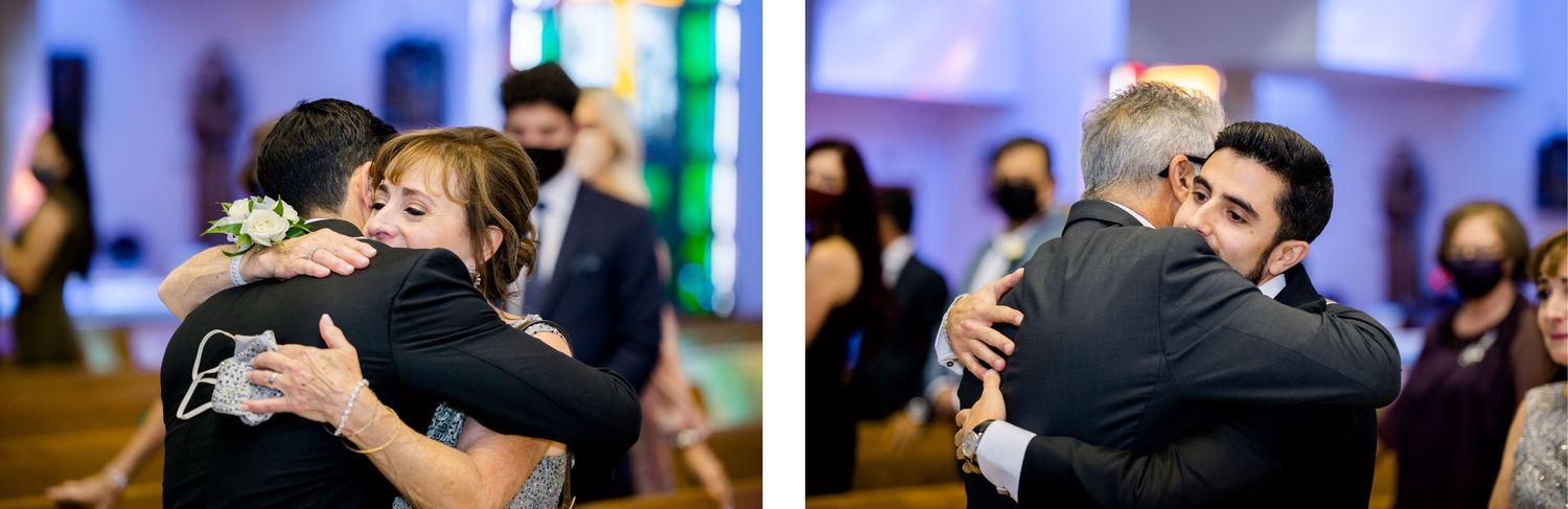 Two emotional embraces captured during a wedding ceremony in a church setting.