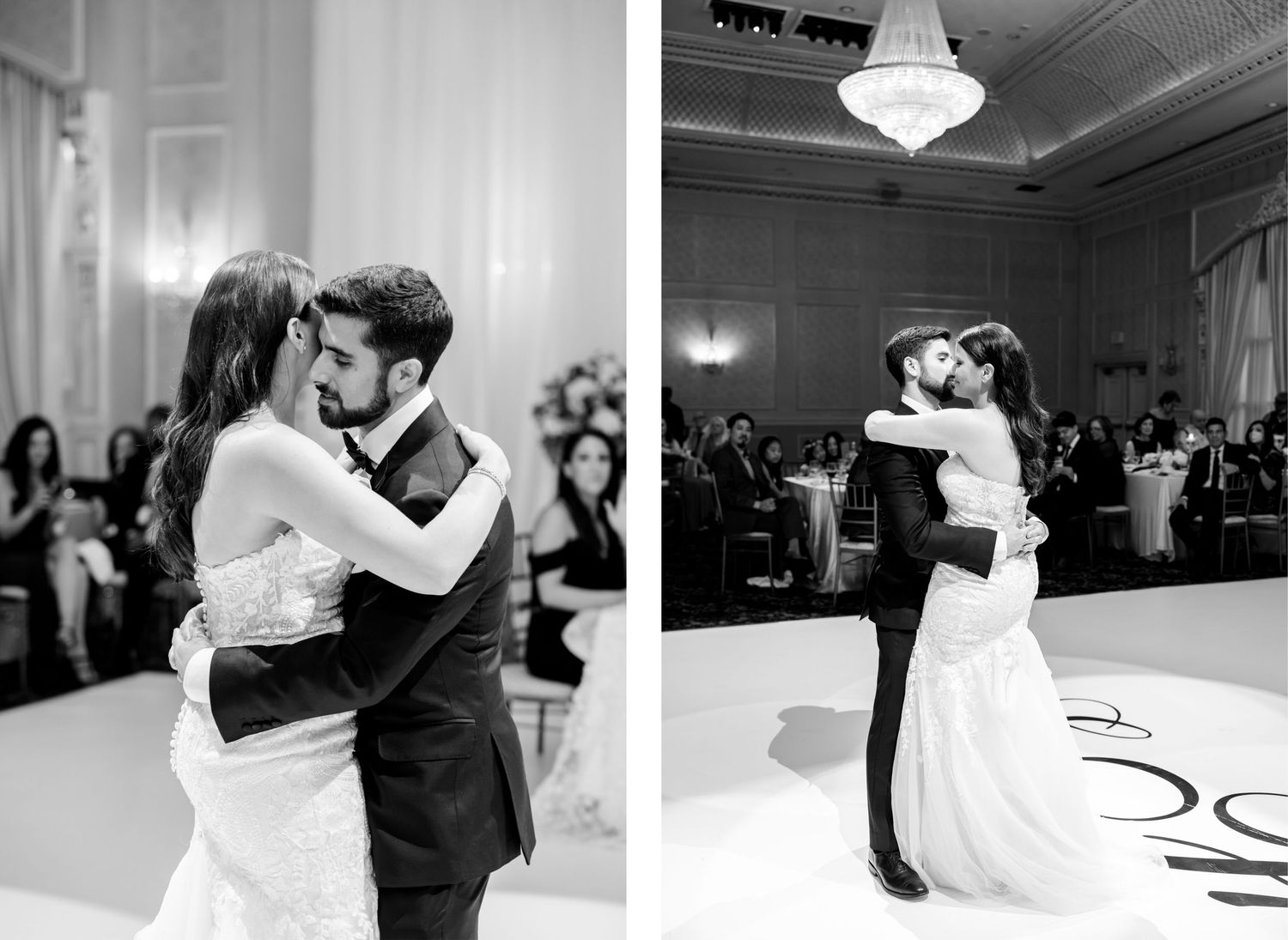 Black and white photos capture intimate moments of a couple dancing at their wedding reception.