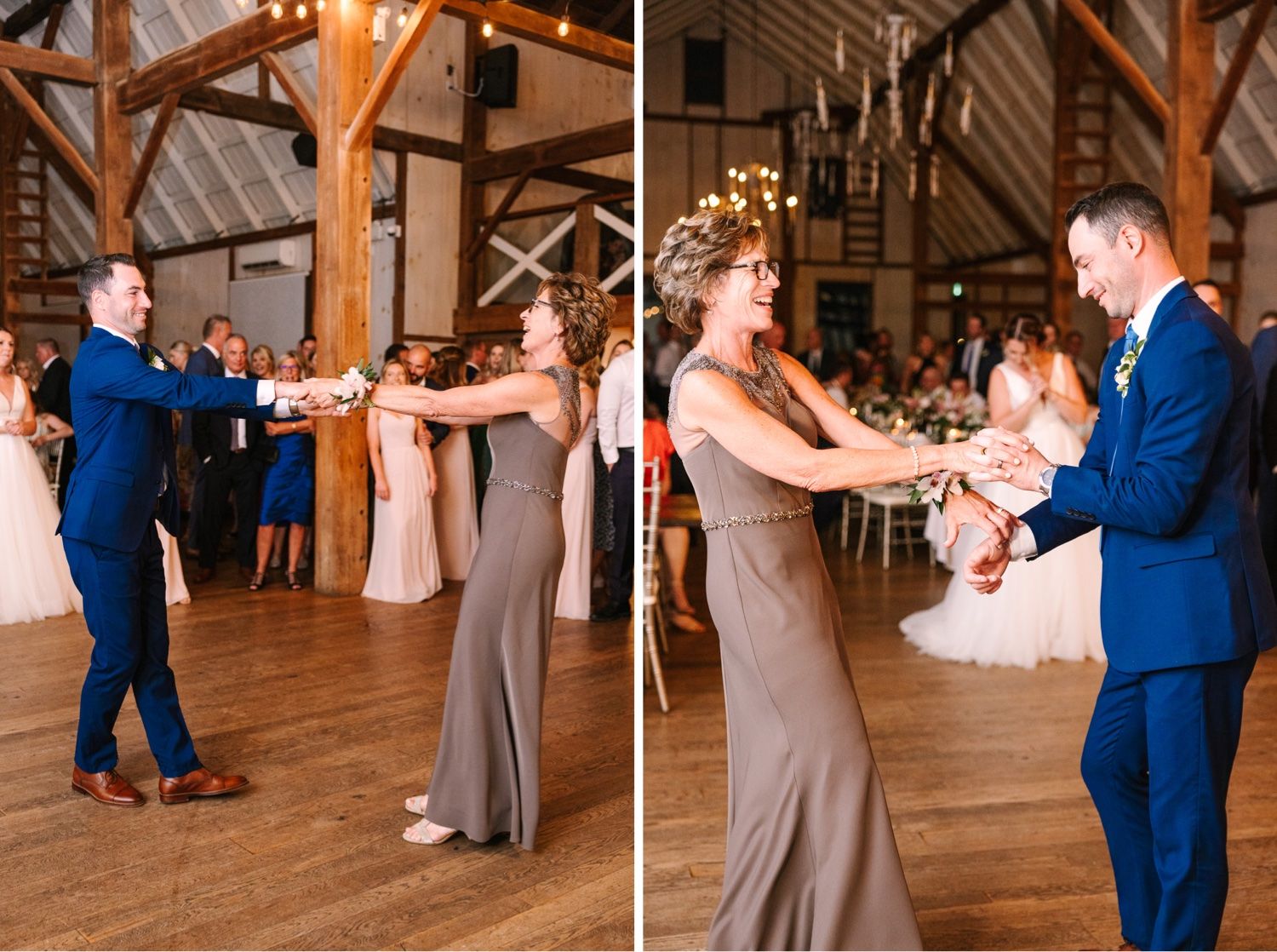 Two pairs of dancers elegantly moving across a wooden dance floor at a formal wedding celebration.