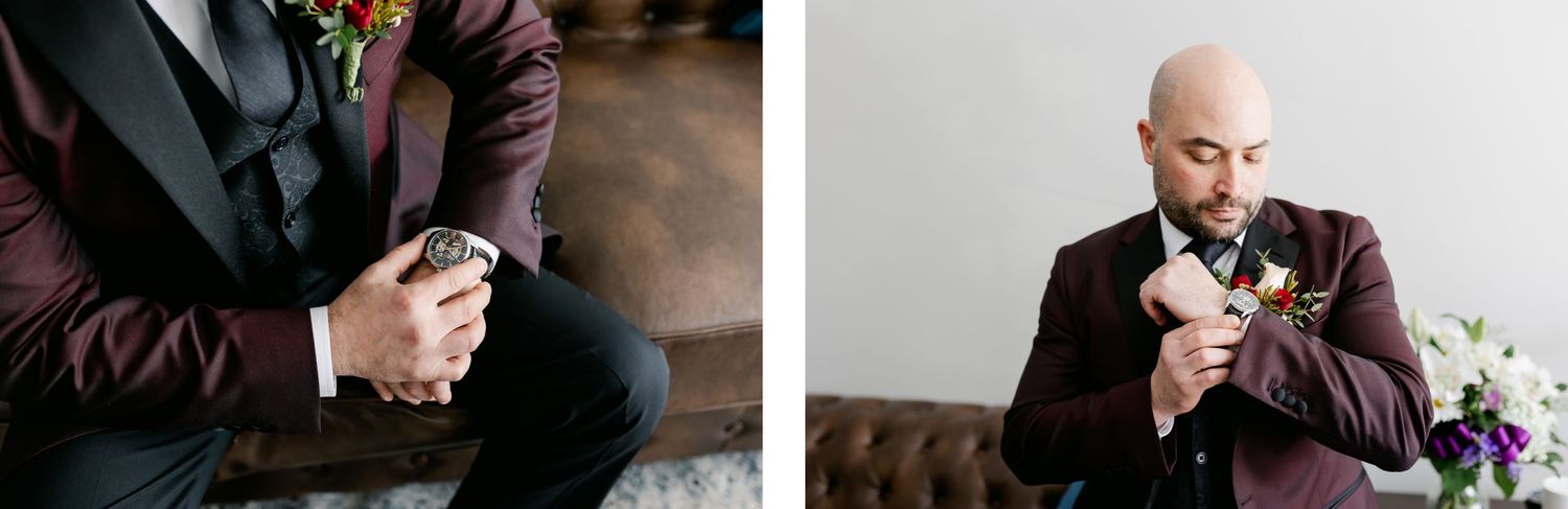 Close up shots of groom adjusting tie and boutonniere before wedding ceremony.