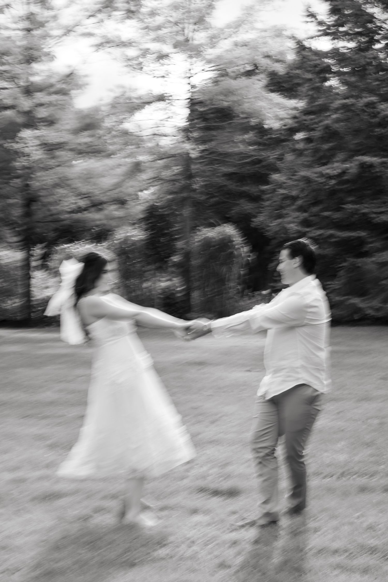 A blurred black and white photo of a couple dancing playfully in a garden setting.