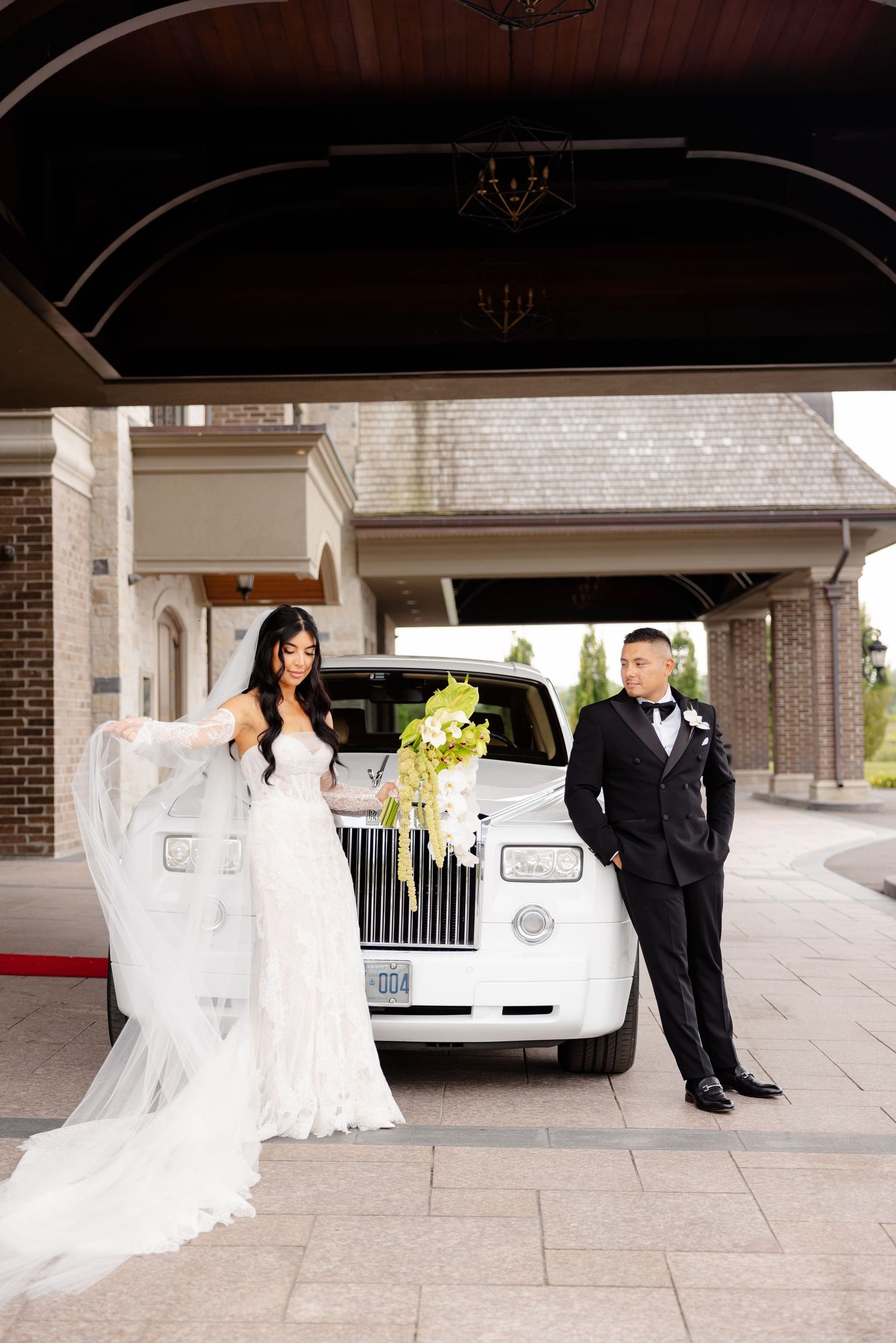 A wedding photo sequence showing a white Rolls Royce and a couple in formal attire taking creative poses near the car.
