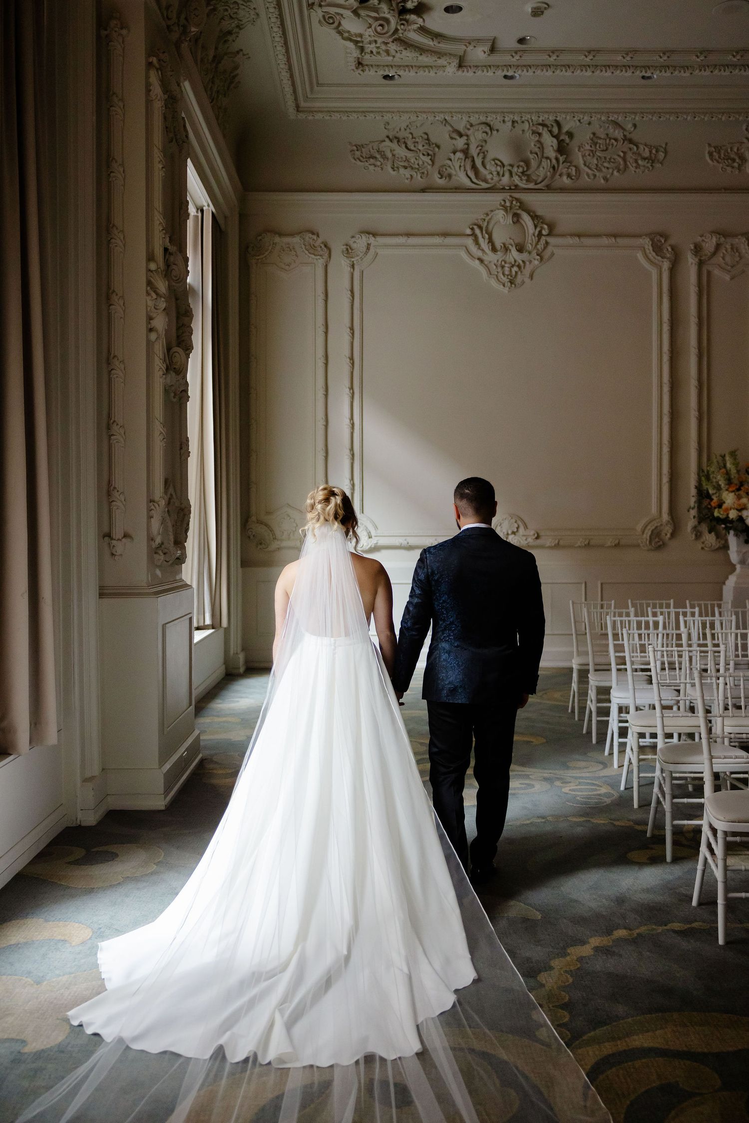 A series of wedding photos in an elegant room with ornate moldings and white chairs set up for a ceremony.