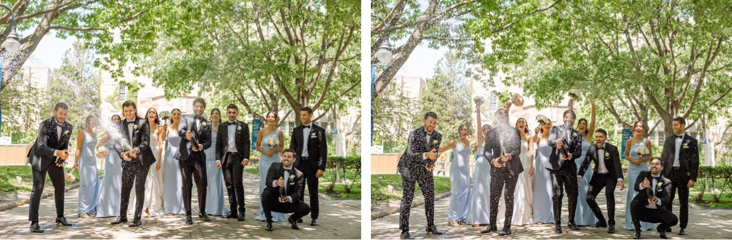 Wedding party poses for group photos under green trees on a sunny day.
