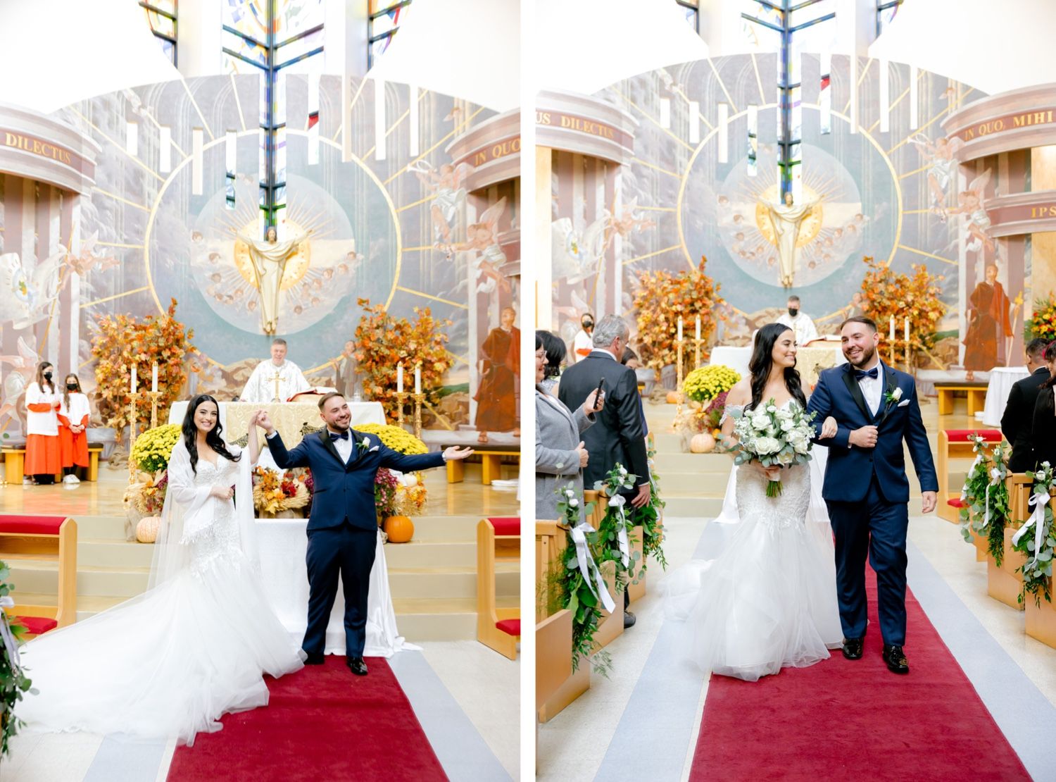 Wedding couple stands at decorated altar with white doves and golden accents in church.