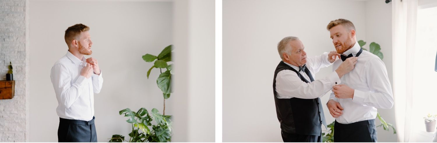 Wedding preparation moments captured in bright white room with suit and tie adjustments.