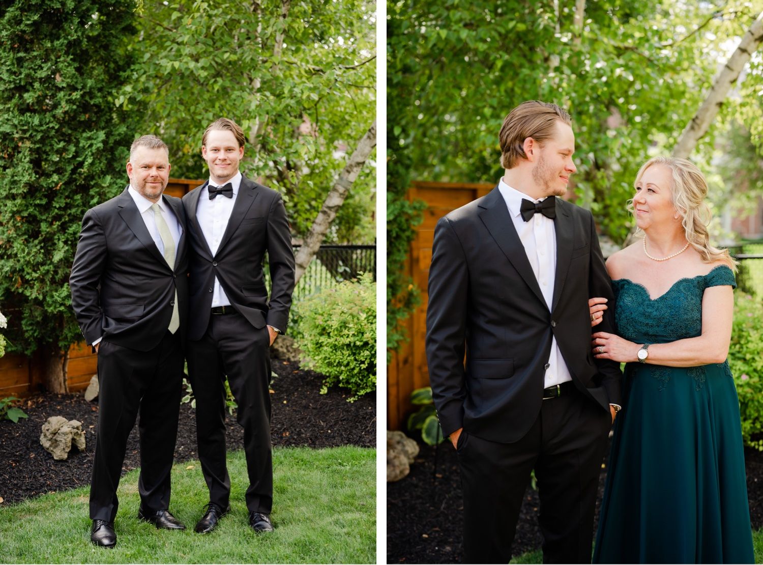 Elegant wedding portraits in garden setting with formal attire.
