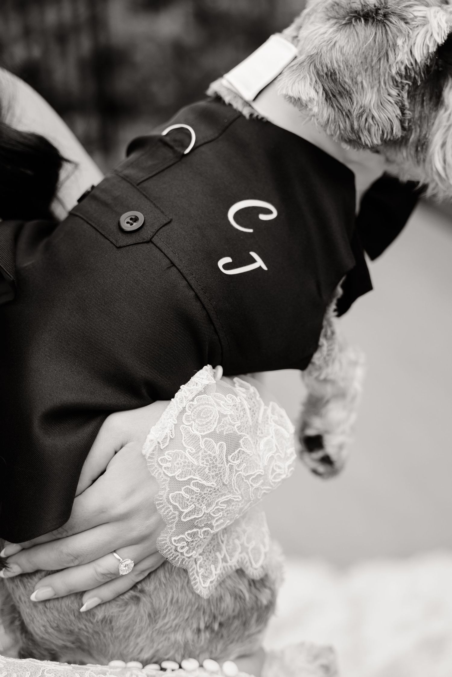 Black and white close-up jewelry shot showing hands with wedding rings at a formal ceremony.