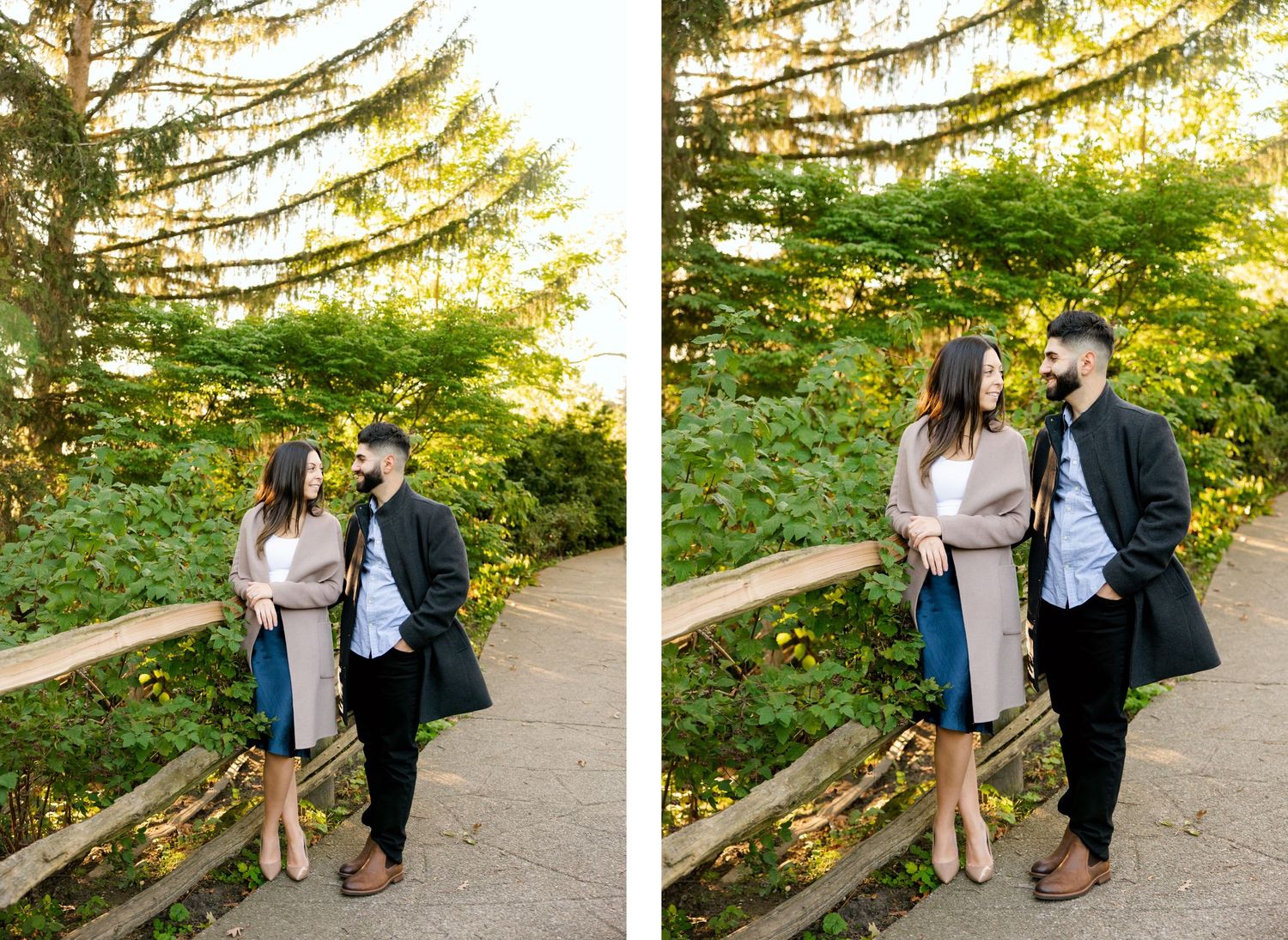 Pair of engagement photos showing couple posing on park pathway during sunset.