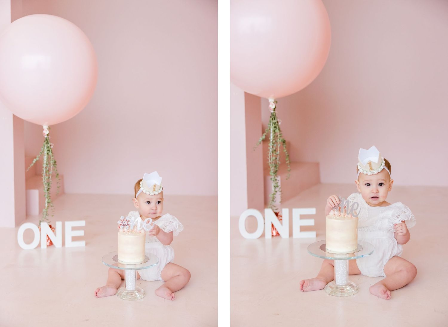 Side-by-side cake smash photos with white cake and pink balloon decorations.