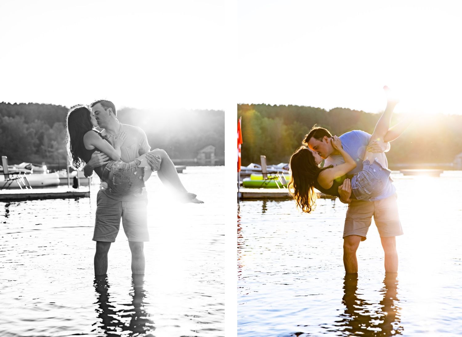 Romantic couple embracing in lake water at sunset, captured in both color and black and white.