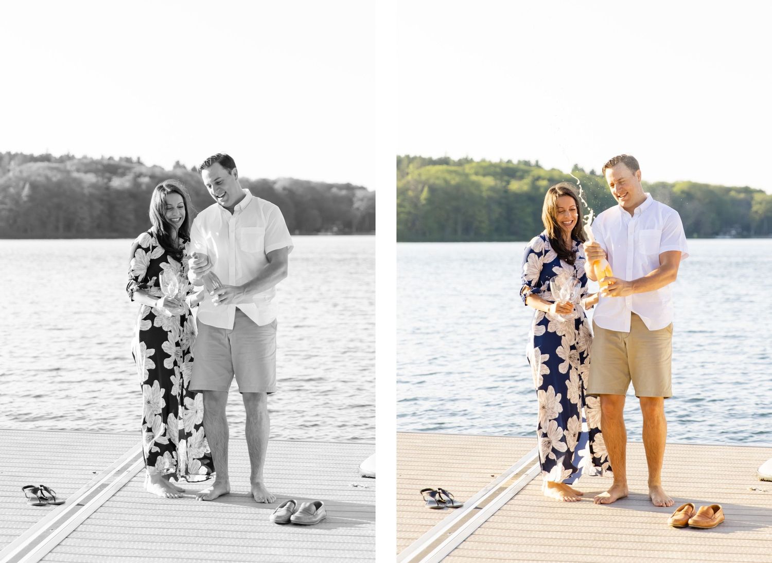 Side by side comparison of color and black-white photos of couple on dock.