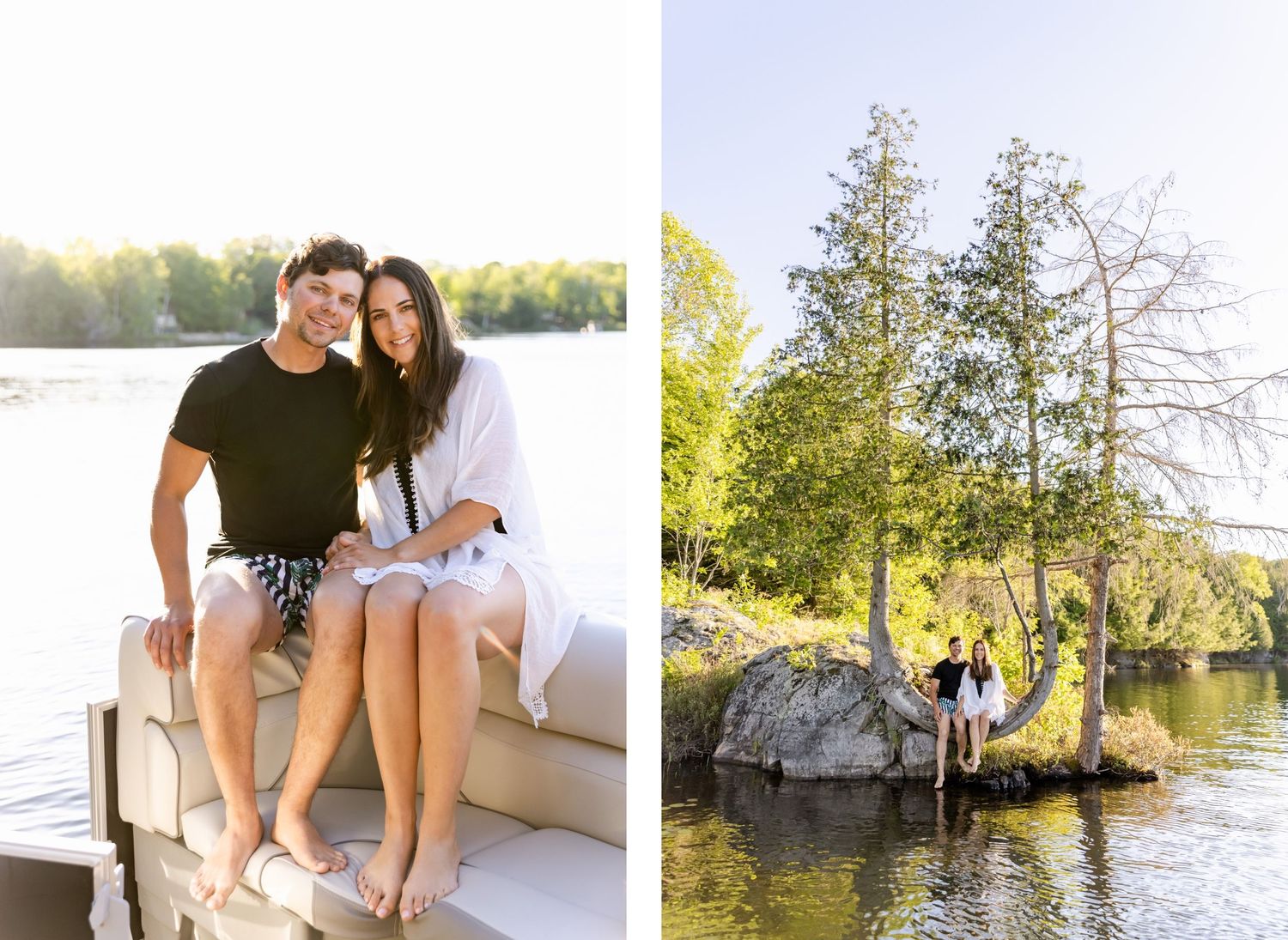 Summer boat photo collection showing couple by lake and on rocky shoreline.