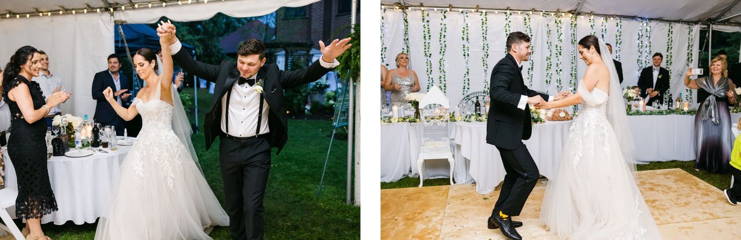 Wedding reception dance floor moments showing couple and guests celebrating under outdoor tent.