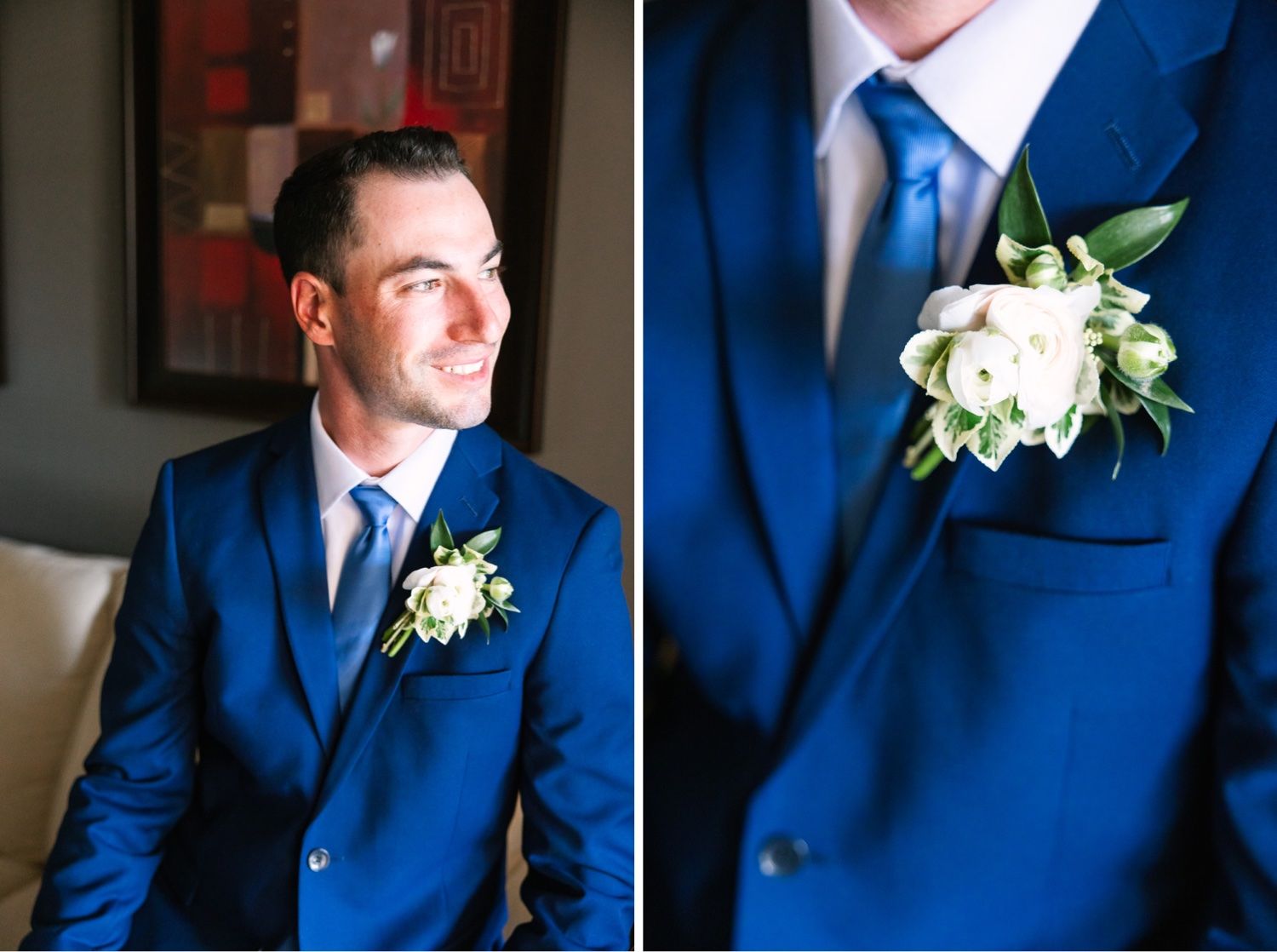 Detail shots of a royal blue suit with white floral boutonnière.
