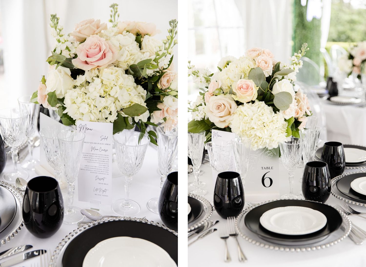 Elegant table setting with blush roses and white hydrangea centerpiece.