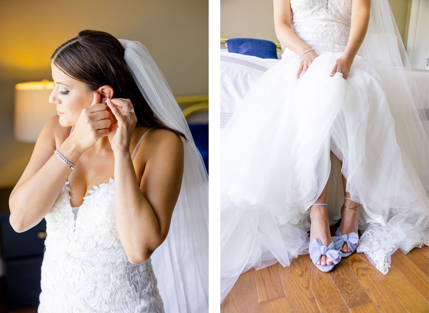 Bride putting on earrings and showing her blue wedding shoes under her white gown.