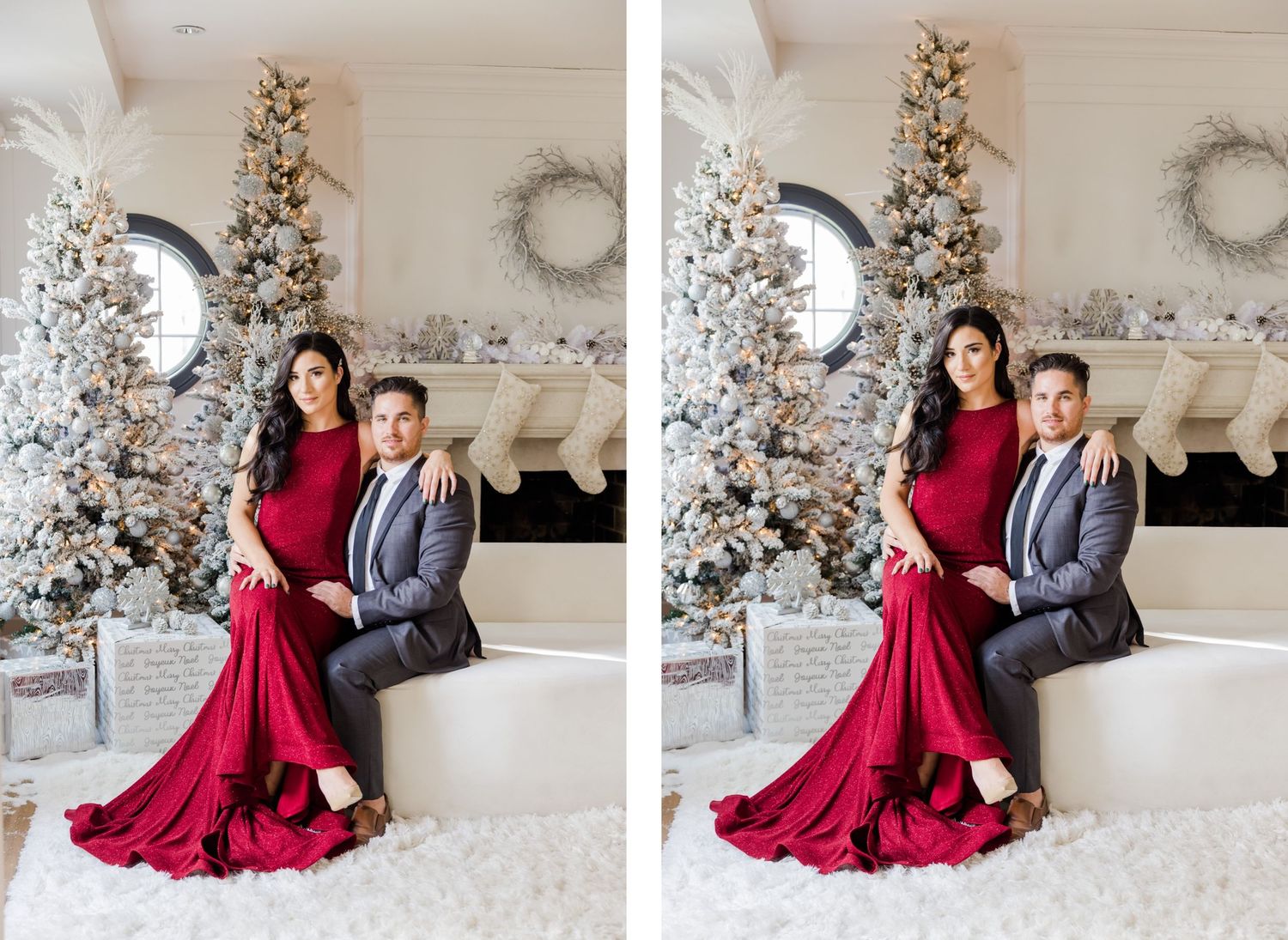 Formal couple sits on white couch surrounded by decorated Christmas trees and holiday decorations.