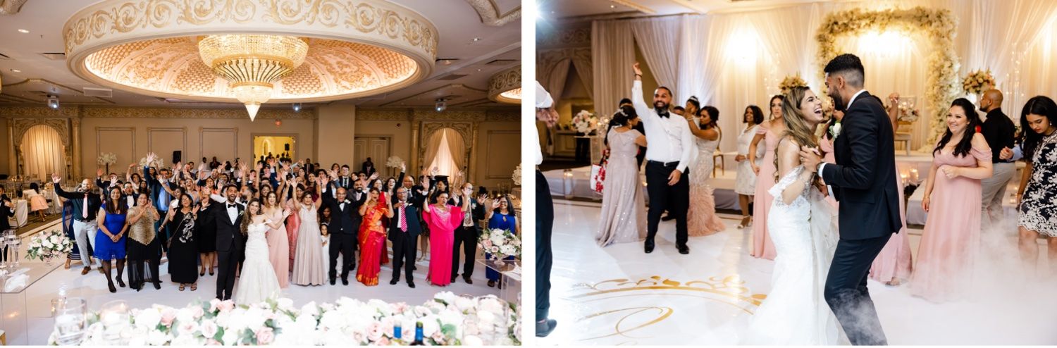 Elegant ballroom filled with wedding guests in colorful attire during reception celebrations.