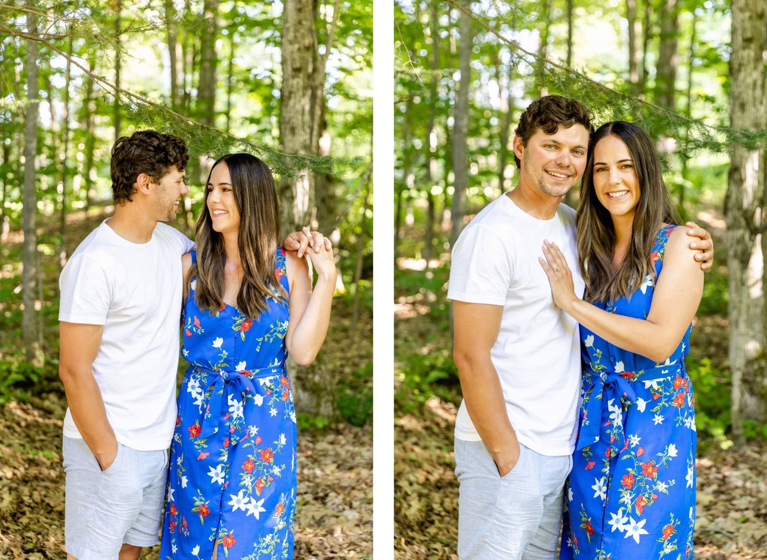 Couple in coordinated summer outfits posing together in a wooded outdoor setting.