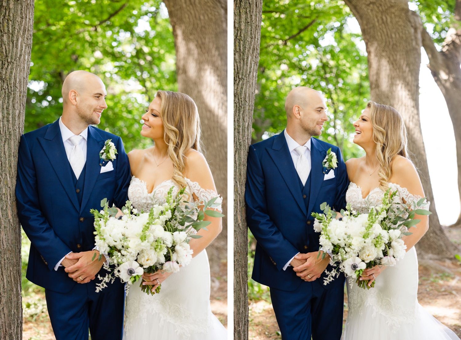A wedding couple shares romantic moments under tall trees in a side-by-side diptych.