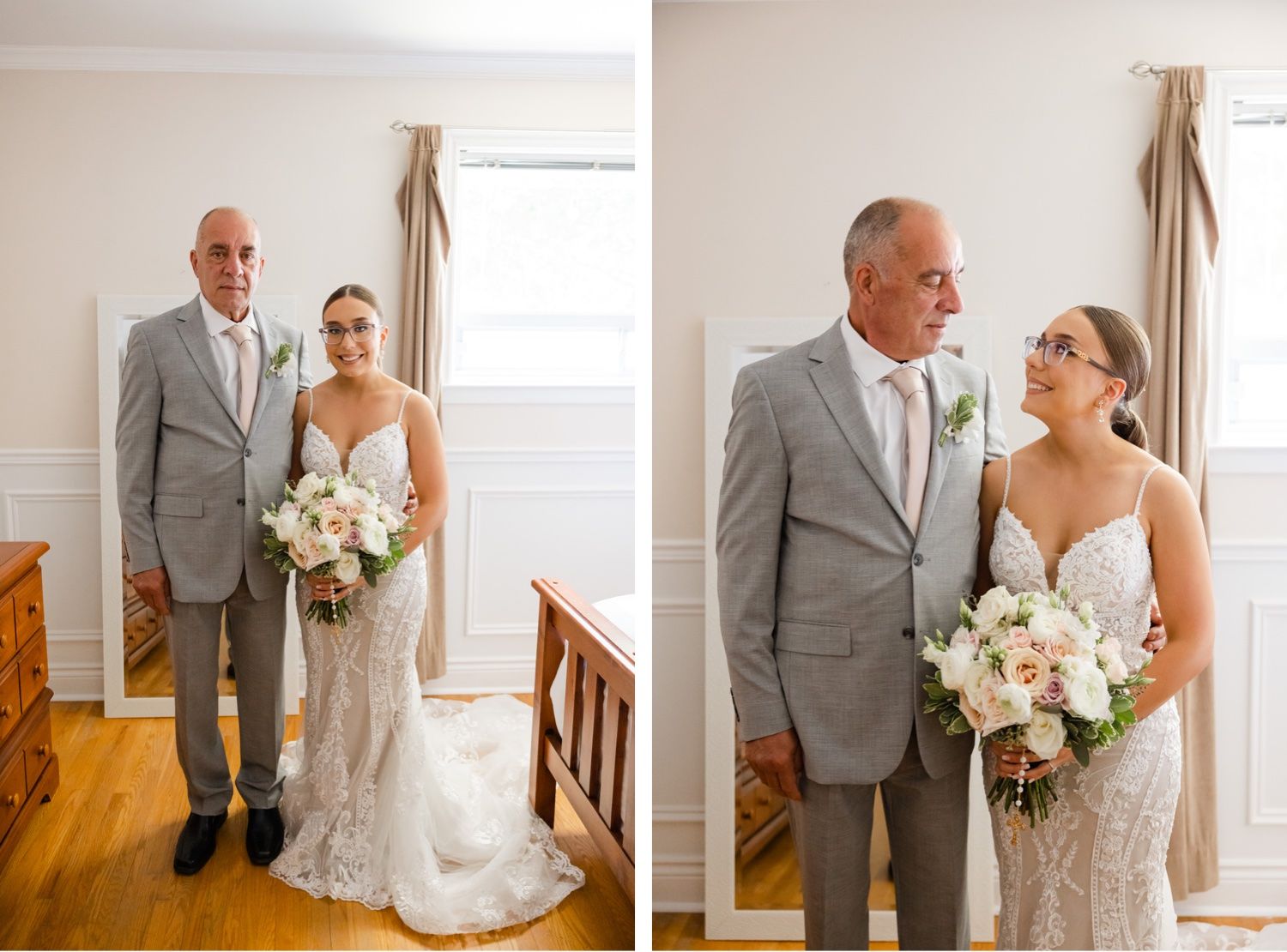 A heartwarming wedding portrait in an elegant white room with natural lighting.