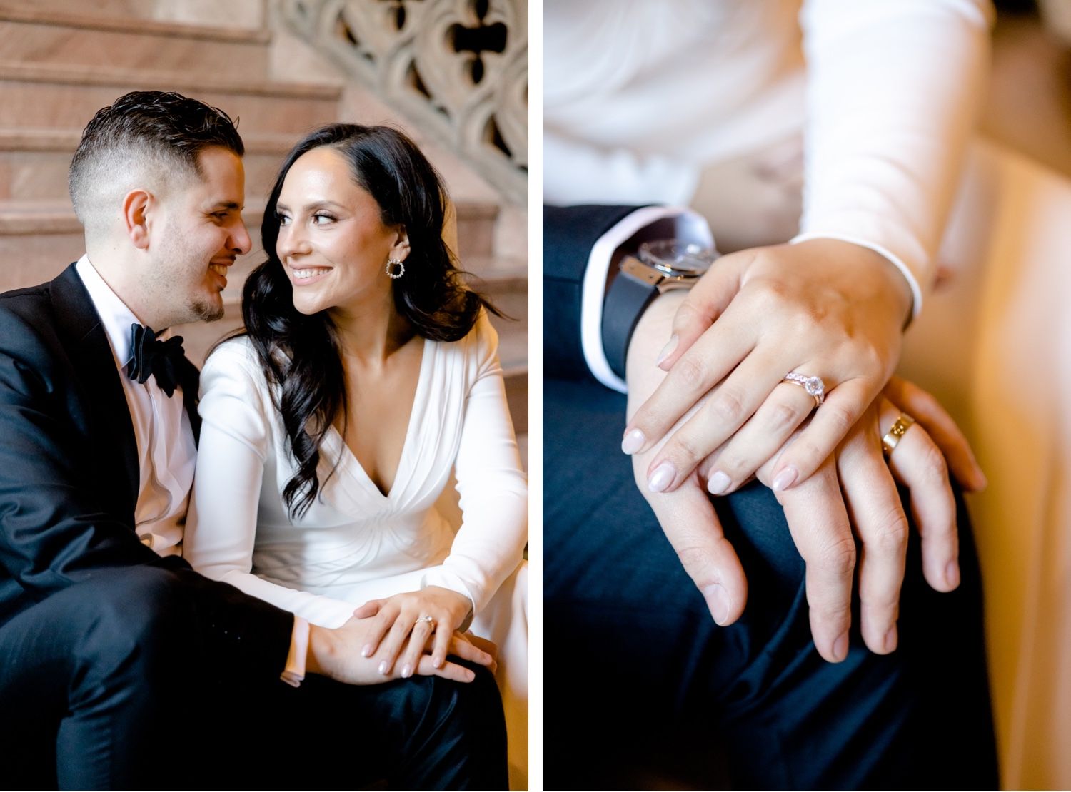 A split wedding photo featuring a tender moment and close-up of hands showing an engagement ring.