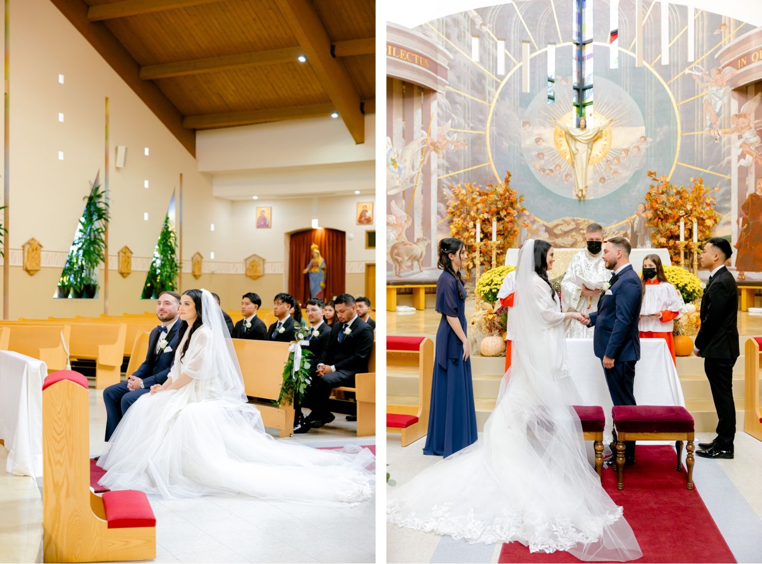 Split image shows wedding ceremony from different angles in a church with wood ceiling and red carpet.