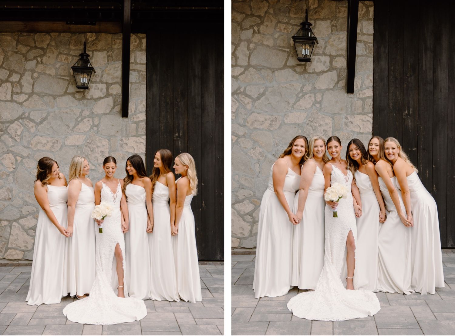 Candid photos of wedding party in white dresses laughing together against rustic stone wall.
