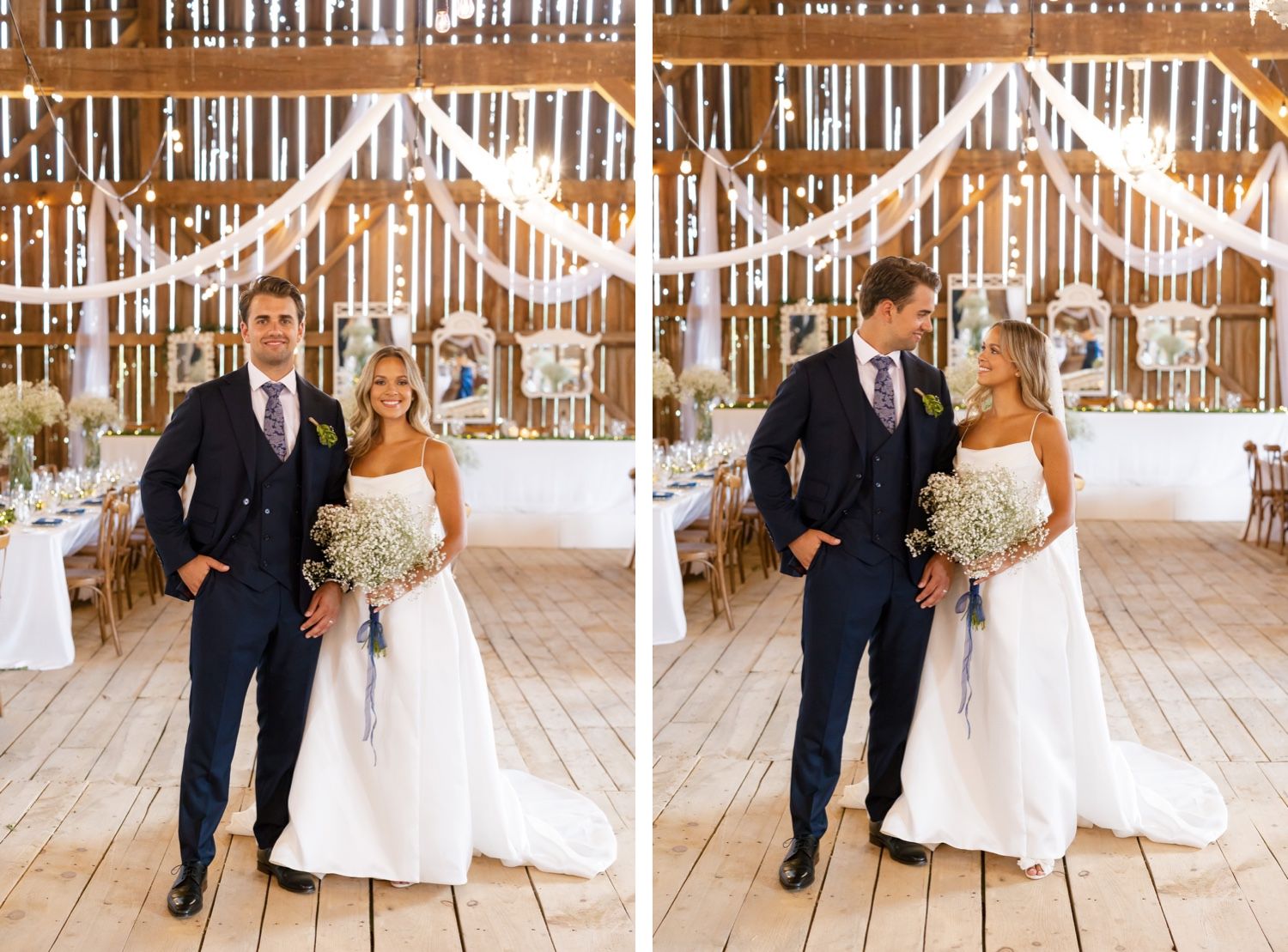 A rustic barn wedding ceremony setup with white draping and elegant decor.