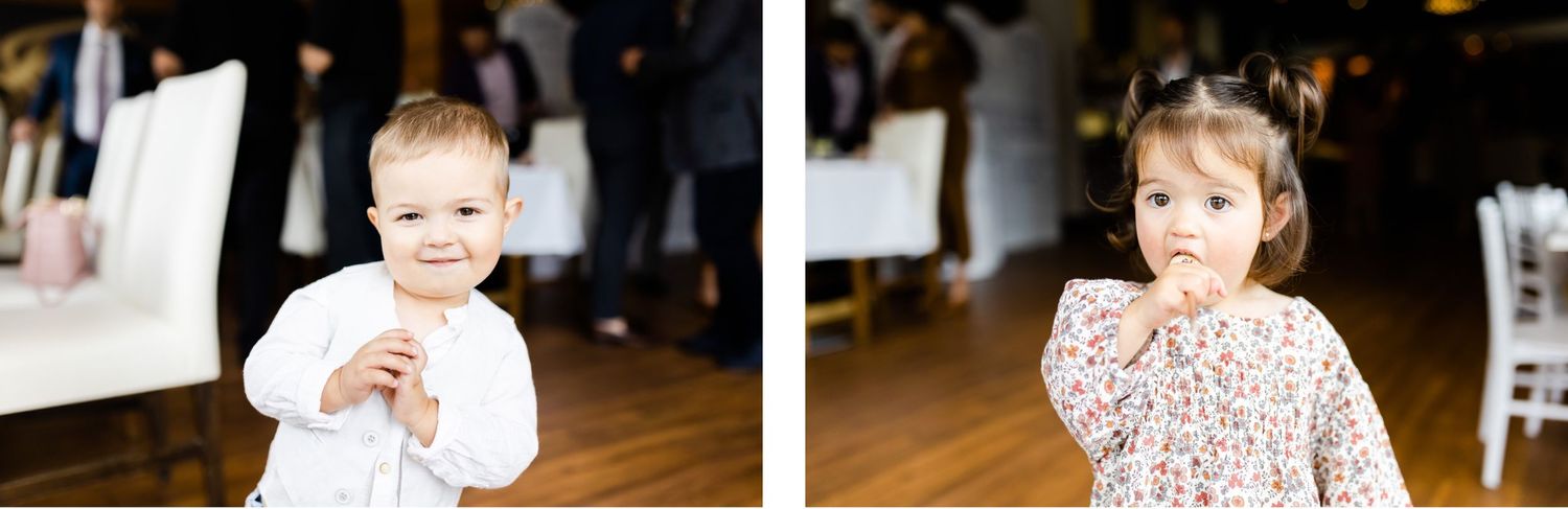 Two candid shots of young children at a formal event.