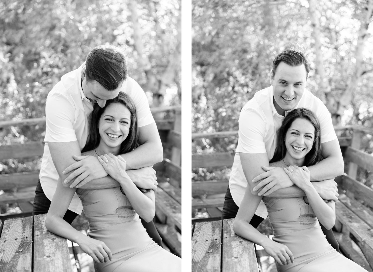 Two candid shots of couple laughing together on wooden deck in natural setting.