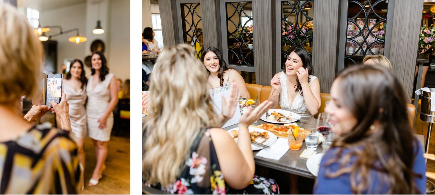 Guests gathered around tables at a modern restaurant celebration with elegant decor.