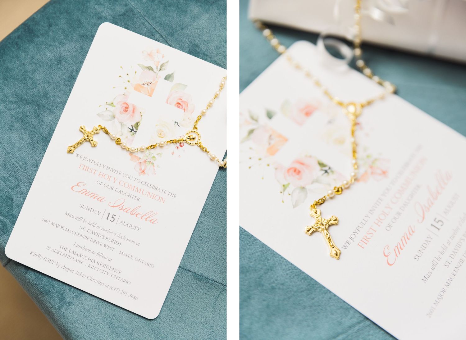 Wedding invitation featuring delicate pink floral design and gold accents on white cardstock.